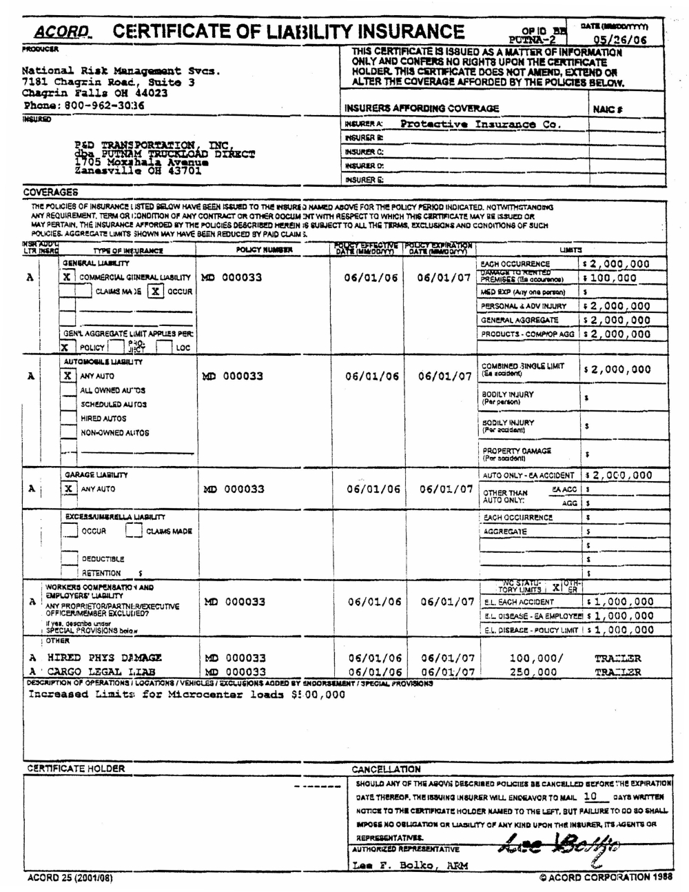 Certificate Of Liability Insurance